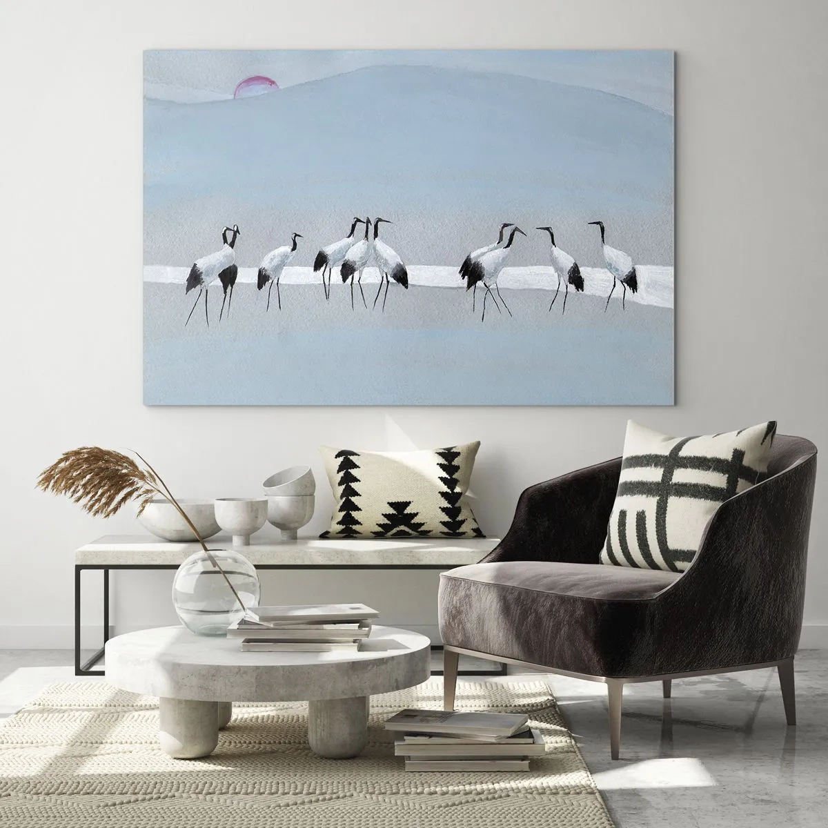 Cuadro sobre vidrio - Impresiones sobre Vidrio - Un grupo de grullas con el telón de fondo de montañas azules y una puesta de sol. - 100x70cm - Después de un día caluroso - Decoración de pared moderna para salón y dormitorio ARTTOR