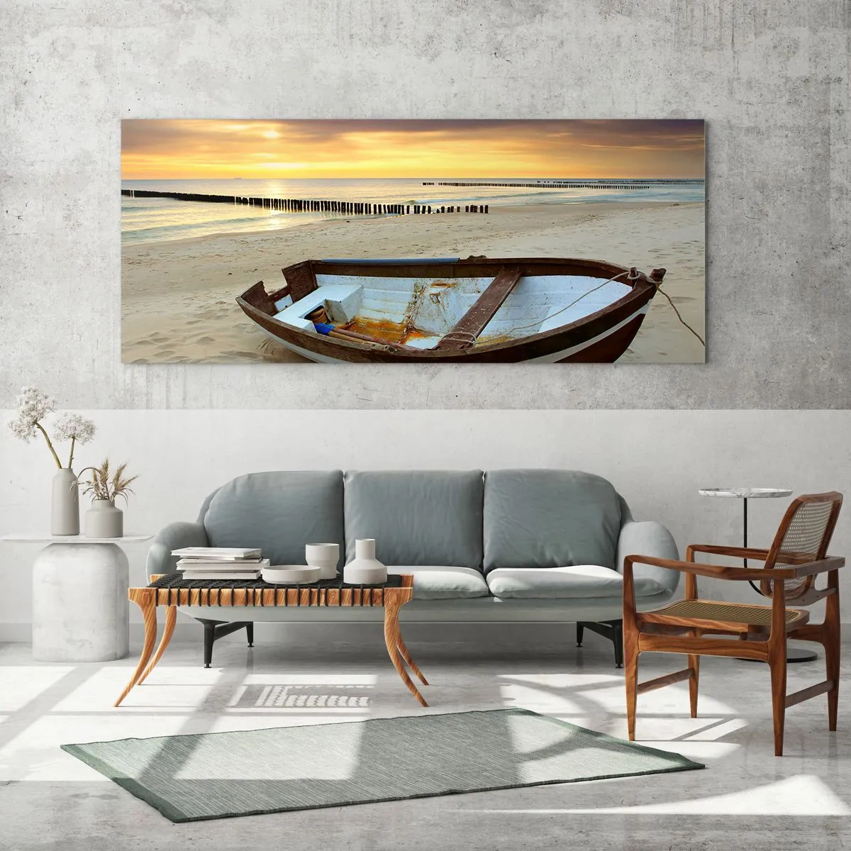 Cuadro sobre vidrio - Impresiones sobre Vidrio - Un barco en una playa de arena al atardecer. - 160x50cm - No hay playas más bonitas - Decoración de pared moderna para salón y dormitorio ARTTOR