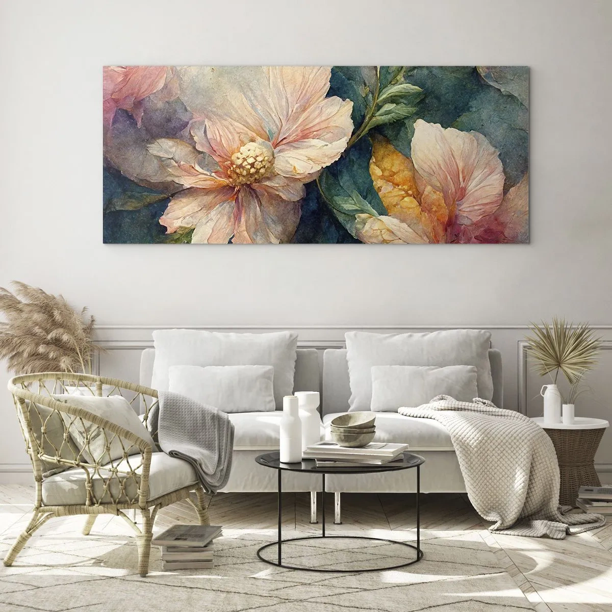 Cuadro sobre vidrio - Impresiones sobre Vidrio - Delicadas flores en colores pastel. - 160x50cm - La sutileza misma - Decoración de pared moderna para salón y dormitorio ARTTOR
