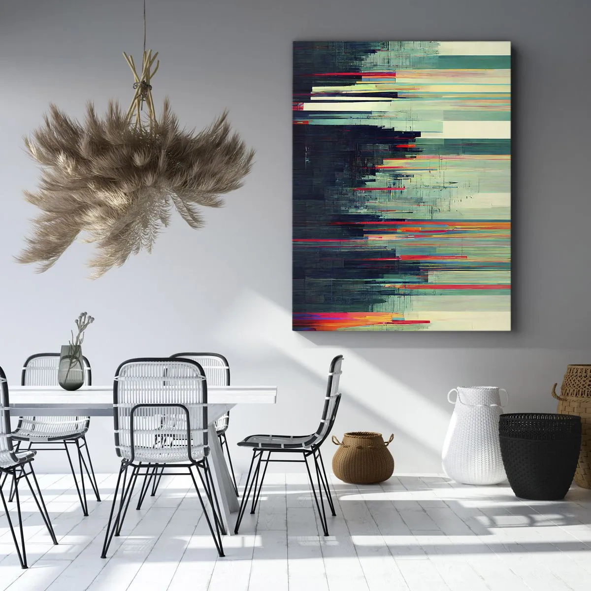 Cuadro sobre lienzo - Impresión de Imagen - Abstracción con líneas verticales y un horizonte de ciudad. - 50x70cm - Ciudad futurista - Decoración de pared moderna para salón y dormitorio ARTTOR