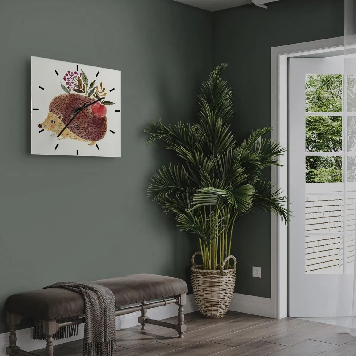 Reloj de pared - Reloj de vidrio - Un lindo erizo con una manzana y plantas en un estilo ilustrativo. - 30x30cm - Y ya te gusto - Decoración de pared moderna para salón y dormitorio ARTTOR