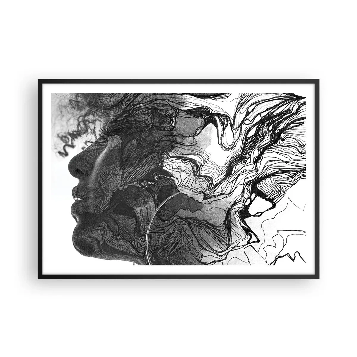 Póster en marco negro - Rostro abstracto en blanco y negro con líneas dinámicas. - 100x70cm - Enredada en sueños - Decoración de pared moderna para salón y dormitorio ARTTOR