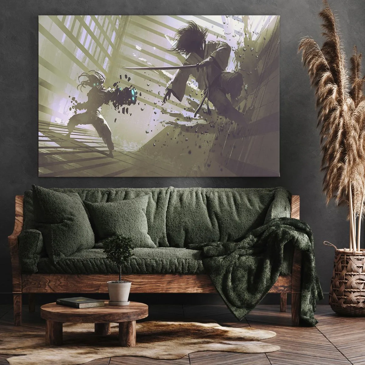 Cuadro sobre lienzo - Impresión de Imagen - Lucha dinámica entre dos personajes en estilo futurista. - 70x50cm - Y puedes ser un samurai - Decoración de pared moderna para salón y dormitorio ARTTOR