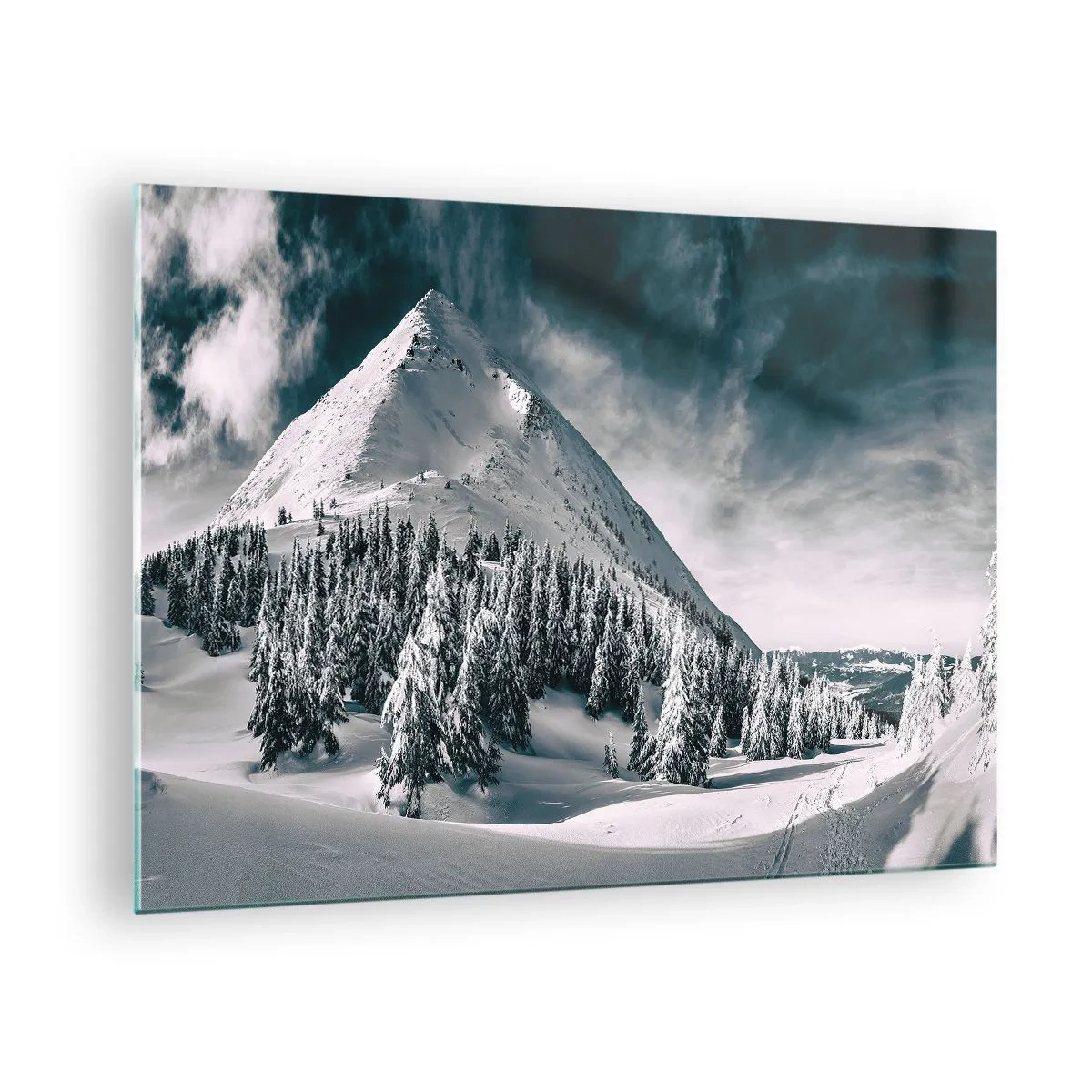 Cuadro sobre vidrio - Impresiones sobre Vidrio - Paisaje invernal de montaña con picos nevados y bosques. - 70x50cm - Tierra de nieve y hielo - Decoración de pared moderna para salón y dormitorio ARTTOR