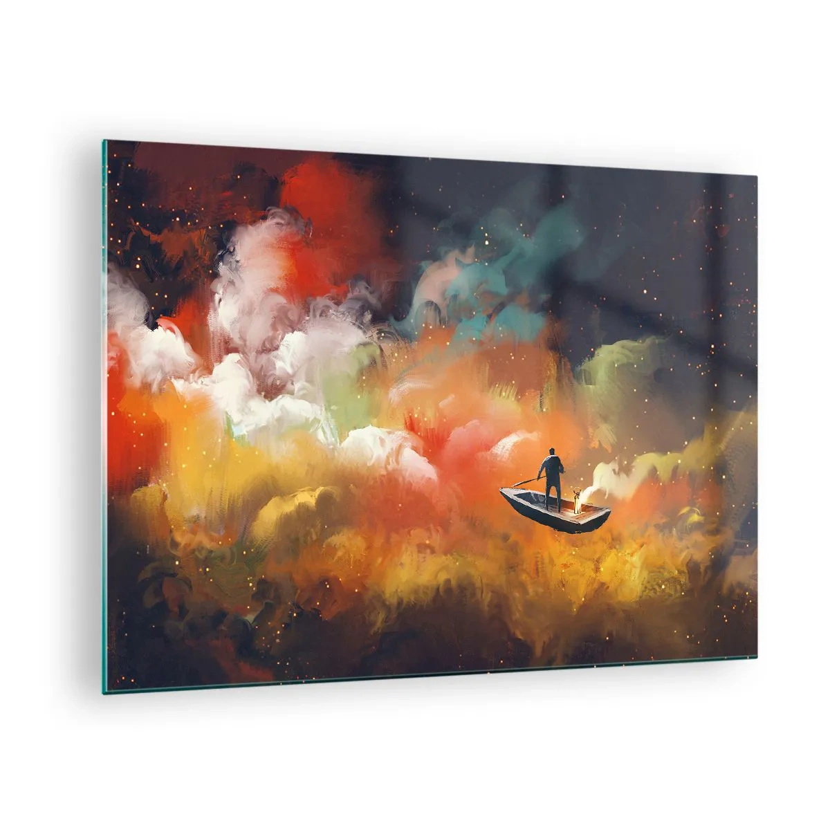 Cuadro sobre vidrio - Impresiones sobre Vidrio - Una figura en un barco flotando entre coloridas nubes galácticas. - 70x50cm - En barco por la galaxia - Decoración de pared moderna para salón y dormitorio ARTTOR