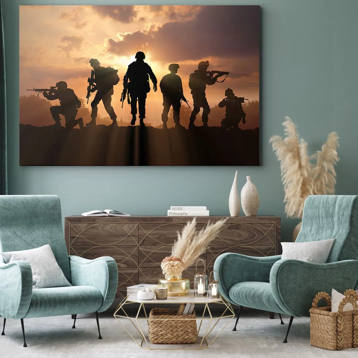 Cuadro sobre lienzo - Impresión de Imagen - Soldados con el sol poniente como telón de fondo en un entorno dinámico. - 70x50cm - Hermanos de armas - Decoración de pared moderna para salón y dormitorio ARTTOR