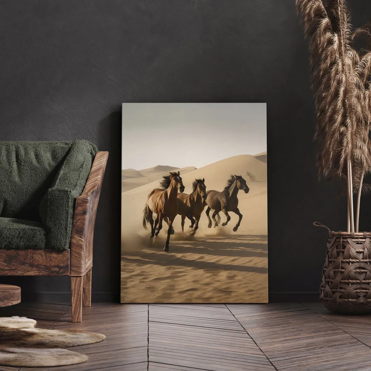 Cuadro sobre lienzo - Impresión de Imagen - Caballos al galope contra un fondo desértico - 50x70cm - Libre como el viento - Decoración de pared moderna para salón y dormitorio ARTTOR