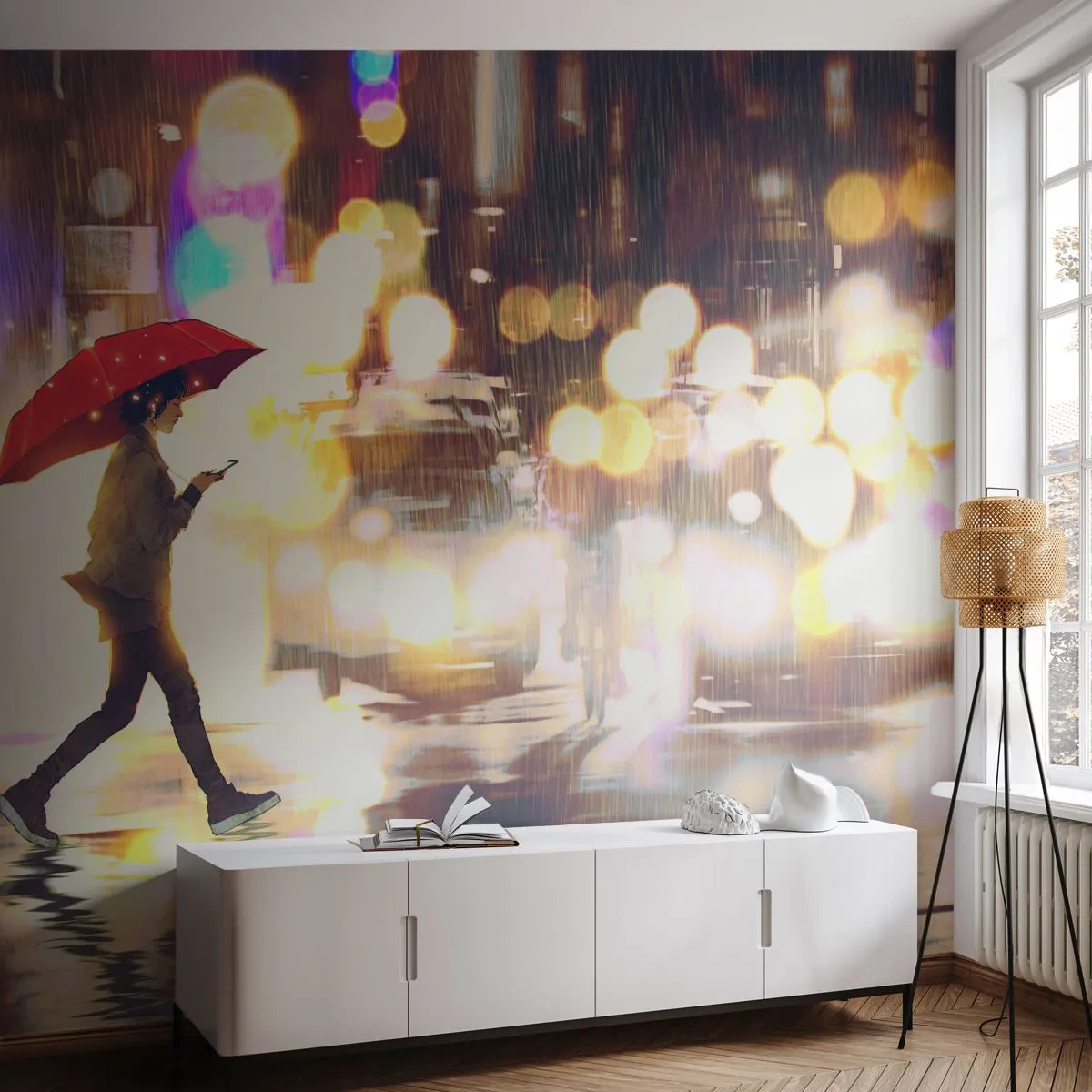 Fotomural Premium Sand - Saldrá el sol - Ciudad, Caminar en la lluvia, Paraguas - 150x105 cm