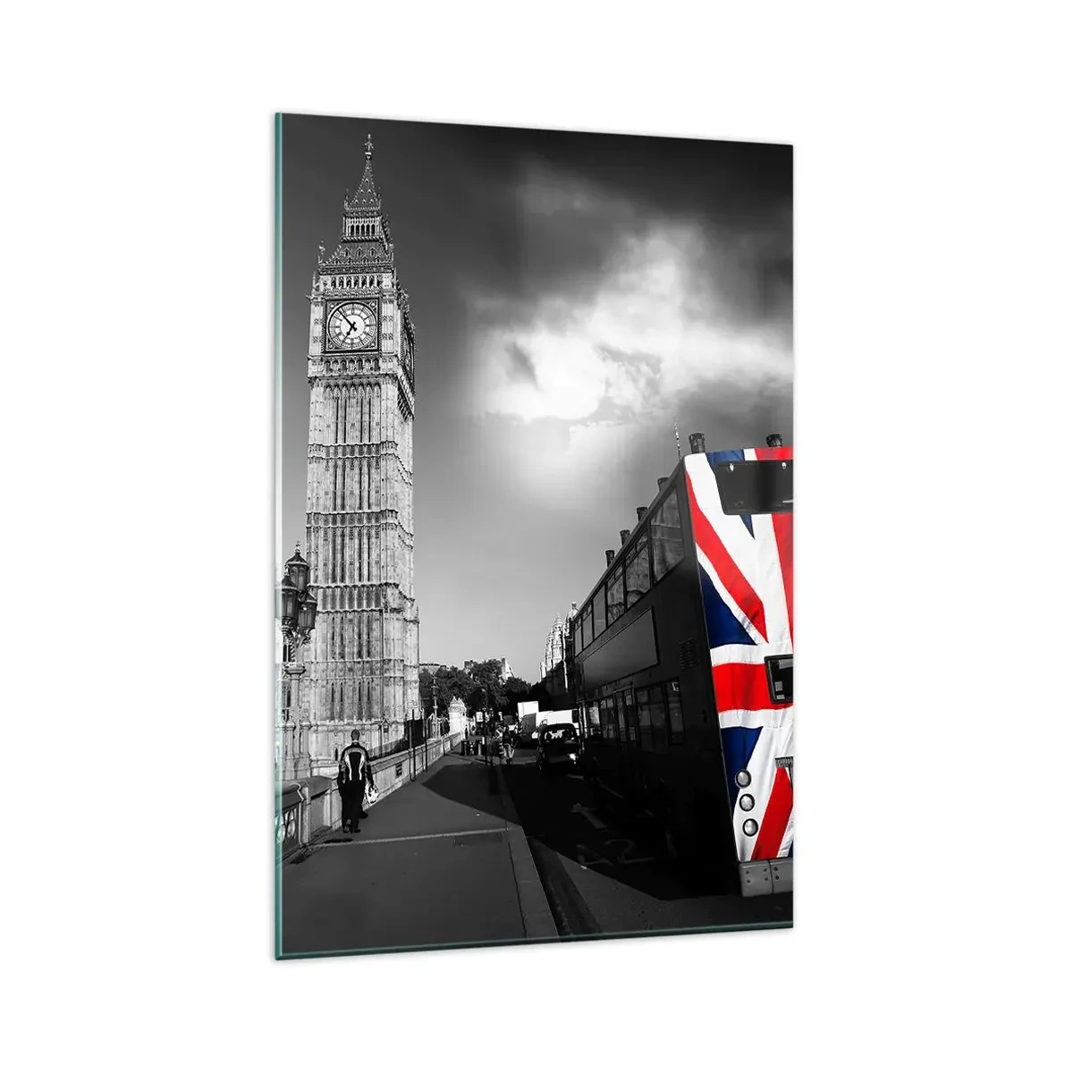 Cuadro sobre vidrio - Impresiones sobre Vidrio - El Big Ben y un autobús con una bandera británica sobre un fondo blanco y negro - 80x120cm - Orgullosa y grandiosa - Decoración de pared moderna para salón y dormitorio ARTTOR