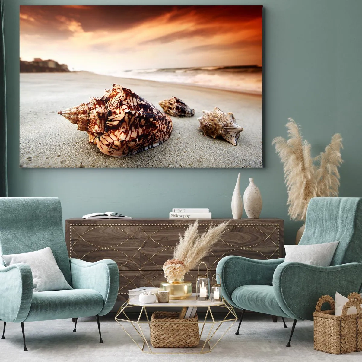 Cuadro sobre lienzo - Impresión de Imagen - Conchas en la playa al atardecer - 70x50cm - Los exiliados de las olas - Decoración de pared moderna para salón y dormitorio ARTTOR
