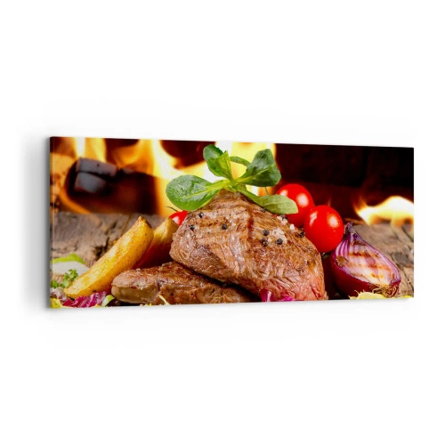Cuadro sobre lienzo - Impresión de Imagen - Filete a la parrilla con acompañamientos con el telón de fondo de las llamas. - 120x50cm - Embrujo de fuego - Decoración de pared moderna para salón y dormitorio ARTTOR