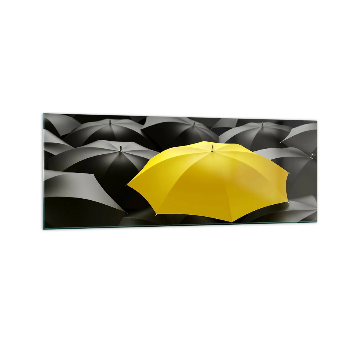 Cuadro sobre vidrio - Impresiones sobre Vidrio - Un paraguas amarillo entre paraguas negros. - 140x50cm - Adiós a la tristeza - Decoración de pared moderna para salón y dormitorio ARTTOR