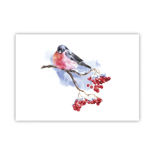 Póster - Pájaro en una rama con frutos rojos en el fondo de acuarela - 100x70cm - Invierno en color - Decoración de pared moderna para salón y dormitorio ARTTOR