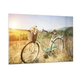 Cuadro sobre vidrio - Impresiones sobre Vidrio - Bicicleta retro con flores sobre un fondo natural. - 120x80cm - Me quedaré aquí un tiempo - Decoración de pared moderna para salón y dormitorio ARTTOR