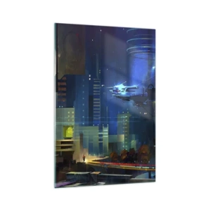 Cuadro sobre vidrio - Impresiones sobre Vidrio - Ciudad futurista de noche con luces de neón y un vehículo volador. - 70x100cm - En un futuro próximo - Decoración de pared moderna para salón y dormitorio ARTTOR