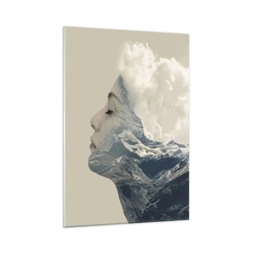Cuadro sobre vidrio - Impresiones sobre Vidrio - Perfil de mujer con un paisaje de montañas y nubes al fondo. - 50x70cm - La belleza de los elementos - Decoración de pared moderna para salón y dormitorio ARTTOR