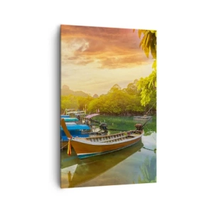 Cuadro sobre lienzo - Impresión de Imagen - Barcos tradicionales en aguas tranquilas al atardecer - 80x120cm - Antes de un día ajetreado - Decoración de pared moderna para salón y dormitorio ARTTOR