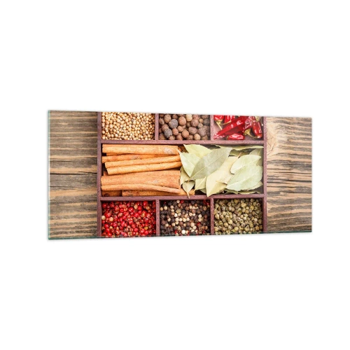 Cuadro sobre vidrio - Impresiones sobre Vidrio - Caja de madera con varias especias en compartimentos. - 120x50cm - Orden de formas, composición de aromas - Decoración de pared moderna para salón y dormitorio ARTTOR