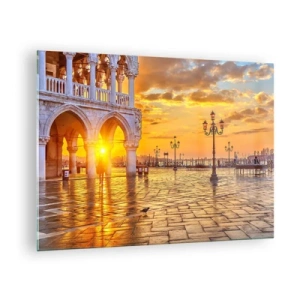 Cuadro sobre vidrio - Impresiones sobre Vidrio - Amanecer sobre las arcadas y la plaza - 70x50cm - ¿Dónde están todos? - Decoración de pared moderna para salón y dormitorio ARTTOR