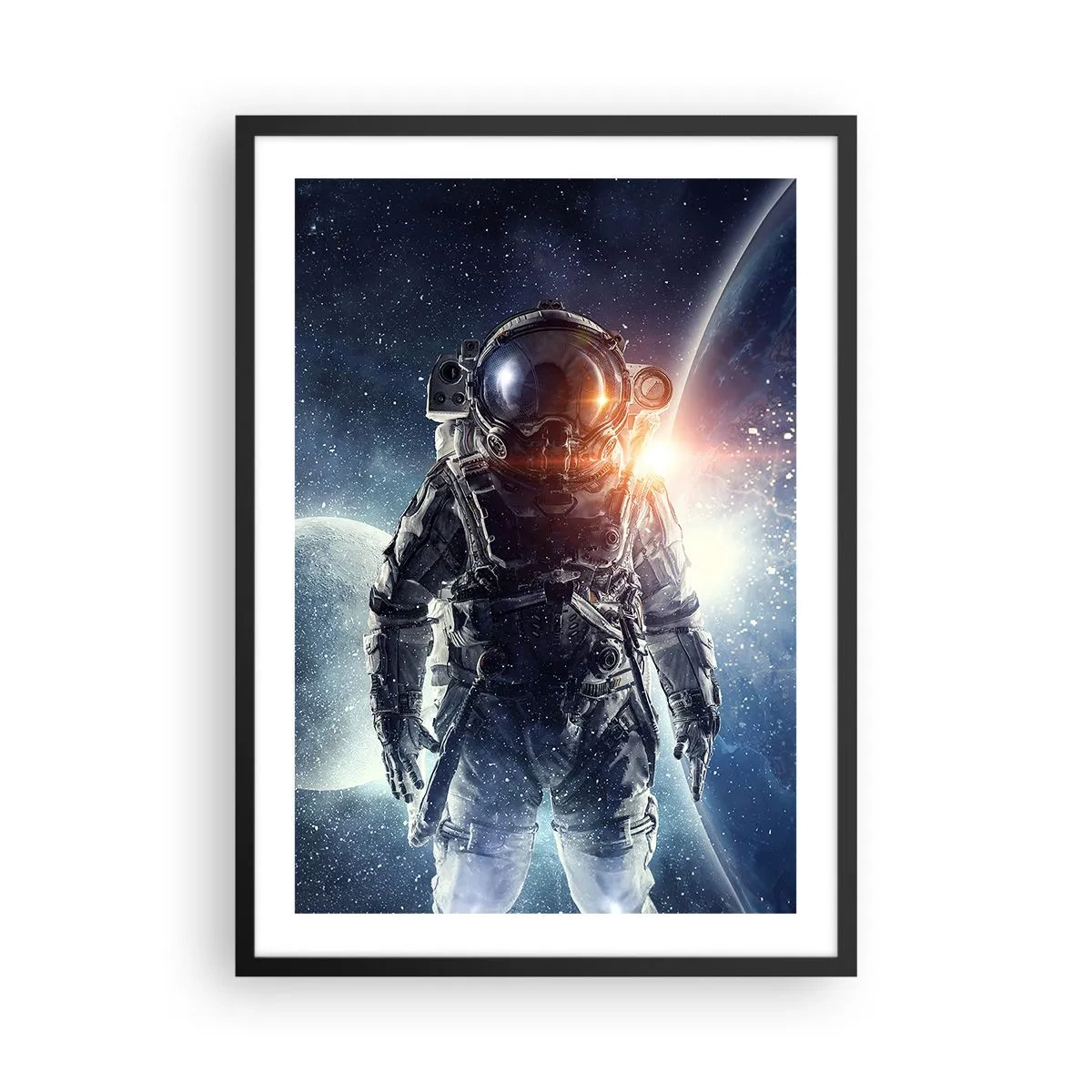 Póster en marco negro - Astronauta en el espacio con planetas y estrellas al fondo. - 50x70cm - Una aventura cósmica - Decoración de pared moderna para salón y dormitorio ARTTOR