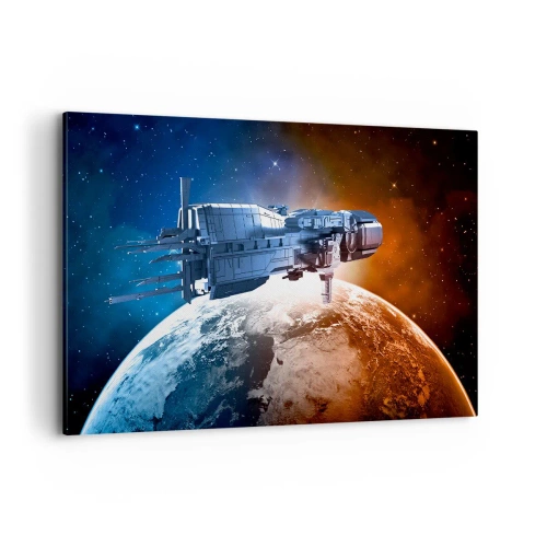 Cuadro sobre lienzo - Impresión de Imagen - Una nave espacial con un planeta en el espacio como telón de fondo. - 120x80cm - Un observador atento - Decoración de pared moderna para salón y dormitorio ARTTOR