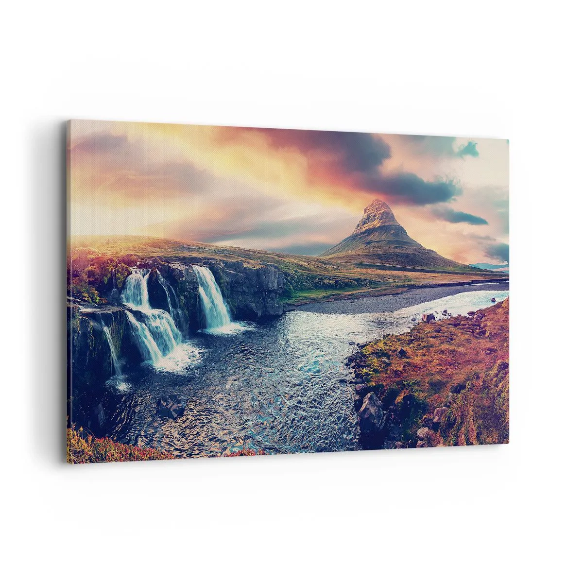 Cuadro sobre lienzo - Impresión de Imagen - Vista de la cascada y la montaña a la luz del sol poniente. - 100x70cm - En la majestuosidad de la naturaleza - Decoración de pared moderna para salón y dormitorio ARTTOR
