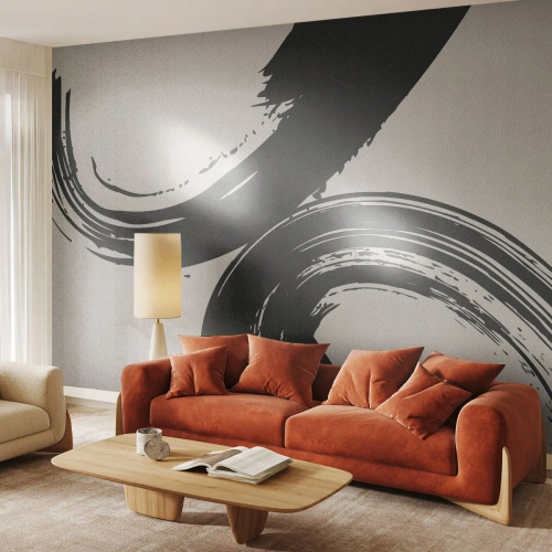 Fotomural Premium Canvas - Pinceladas dinámicas en negro sobre un fondo claro - 100x70cm - Barrido y circular - Decoración de pared moderna para salón y dormitorio ARTTOR