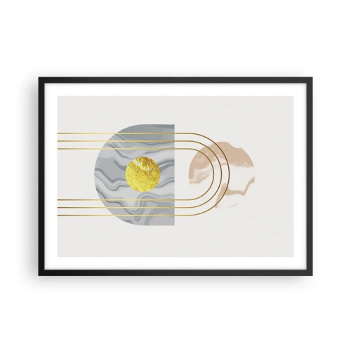 Póster en marco negro - Composición abstracta con círculos y líneas doradas sobre fondo claro. - 70x50cm - Brillo y resplandor - Decoración de pared moderna para salón y dormitorio ARTTOR