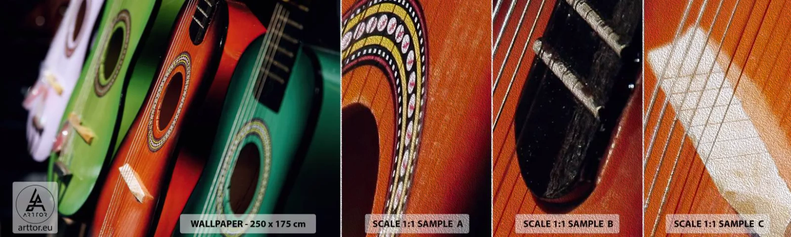 Muestra de fotomural Premium Sand - La guitarra tiene muchos colores - Música, Guitarra, Un instrumento musical - 100x30 cm