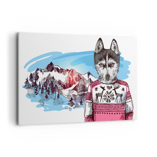 Cuadro sobre lienzo - Impresión de Imagen - Un lobo con un suéter de invierno frente a un paisaje montañoso. - 120x80cm - Un lobo con piel de cordero - Decoración de pared moderna para salón y dormitorio ARTTOR
