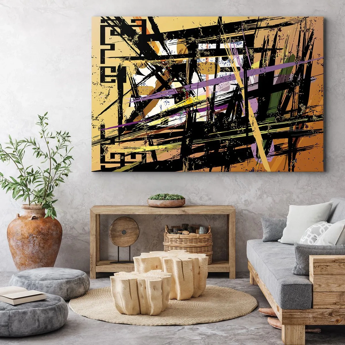 Cuadro sobre lienzo - Impresión de Imagen - Líneas y formas abstractas sobre un fondo beige - 120x80cm - Corte afilado - Decoración de pared moderna para salón y dormitorio ARTTOR