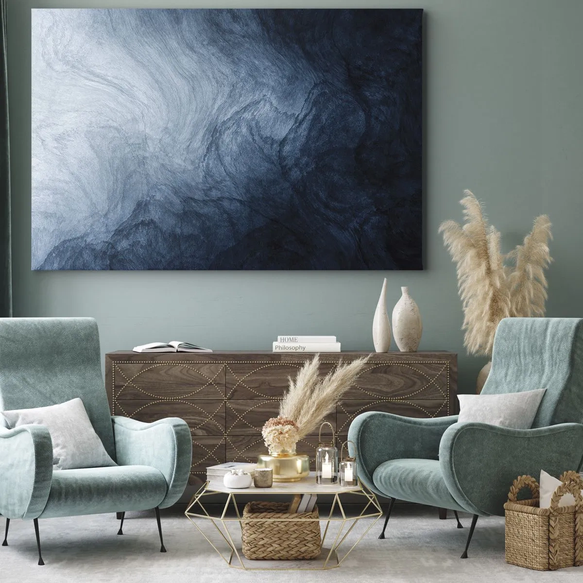 Cuadro sobre lienzo - Impresión de Imagen - Una composición abstracta en tonos azules y azul marino. - 70x50cm - En las profundidades - Decoración de pared moderna para salón y dormitorio ARTTOR