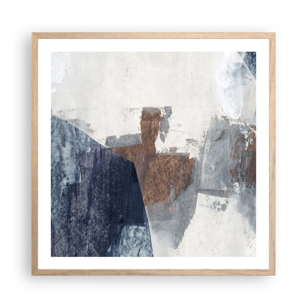 Póster en marco roble claro - Formas azules y marrones - 60x60 cm