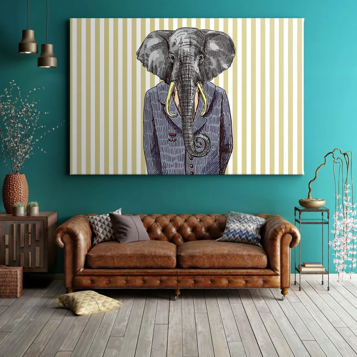 Cuadro sobre lienzo - Impresión de Imagen - Un elefante con traje sobre un fondo de rayas beige. - 70x50cm - Elegante por naturaleza - Decoración de pared moderna para salón y dormitorio ARTTOR