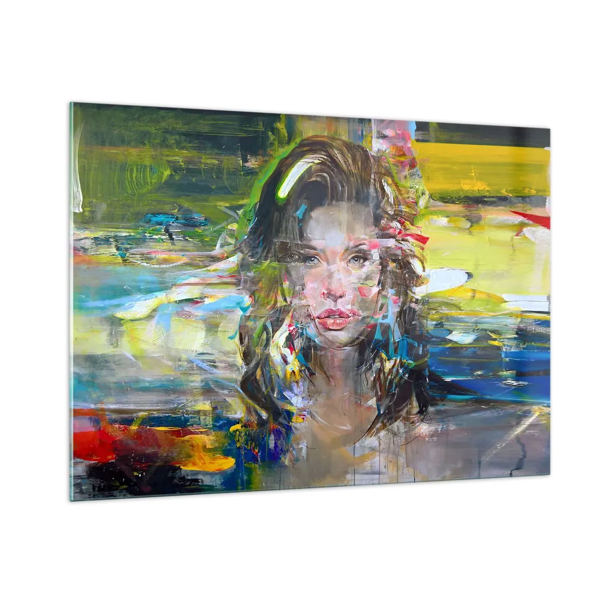 Cuadro sobre vidrio - Impresiones sobre Vidrio - Retrato abstracto de una mujer con un fondo dinámico. - 100x70cm - Tras el velo del aire - Decoración de pared moderna para salón y dormitorio ARTTOR