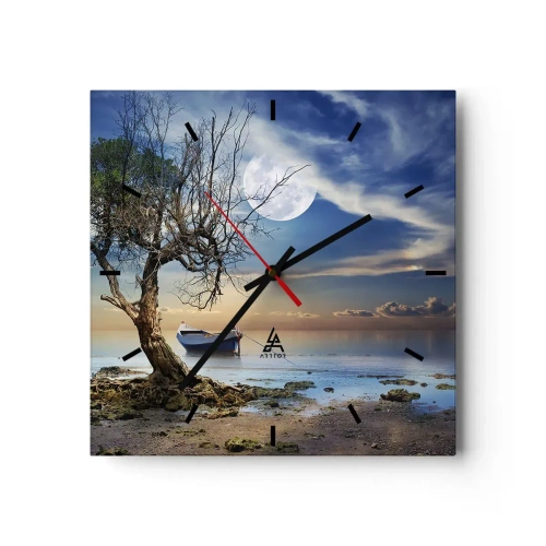 Reloj de pared - Reloj de vidrio - Un árbol solitario y un barco en aguas tranquilas bajo la luna llena. - 30x30cm - ¿Es el final o el principio? - Decoración de pared moderna para salón y dormitorio ARTTOR