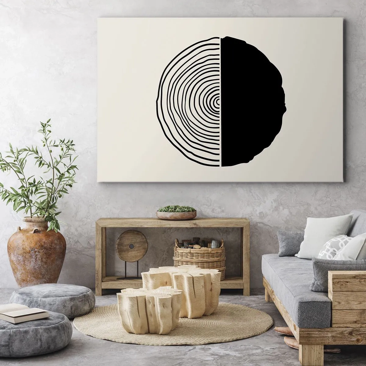 Cuadro sobre lienzo - Impresión de Imagen - Un motivo abstracto en blanco y negro inspirado en una sección transversal de madera con una división geométrica. - 100x70cm - Mitad y mitad - Decoración de pared moderna para salón y dormitorio ARTTOR
