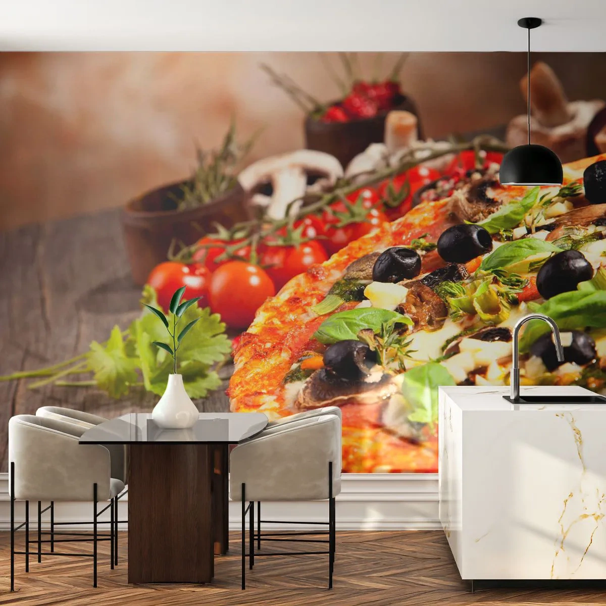Fotomural Premium Sand - Pizza con aceitunas y hierbas sobre una mesa de madera. - 100x70cm - De ingredientes puros - Decoración de pared moderna para salón y dormitorio ARTTOR