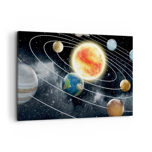 Cuadro sobre lienzo - Impresión de Imagen - Sistema solar con planetas y sol en el espacio. - 120x80cm - Danza cósmica - Decoración de pared moderna para salón y dormitorio ARTTOR