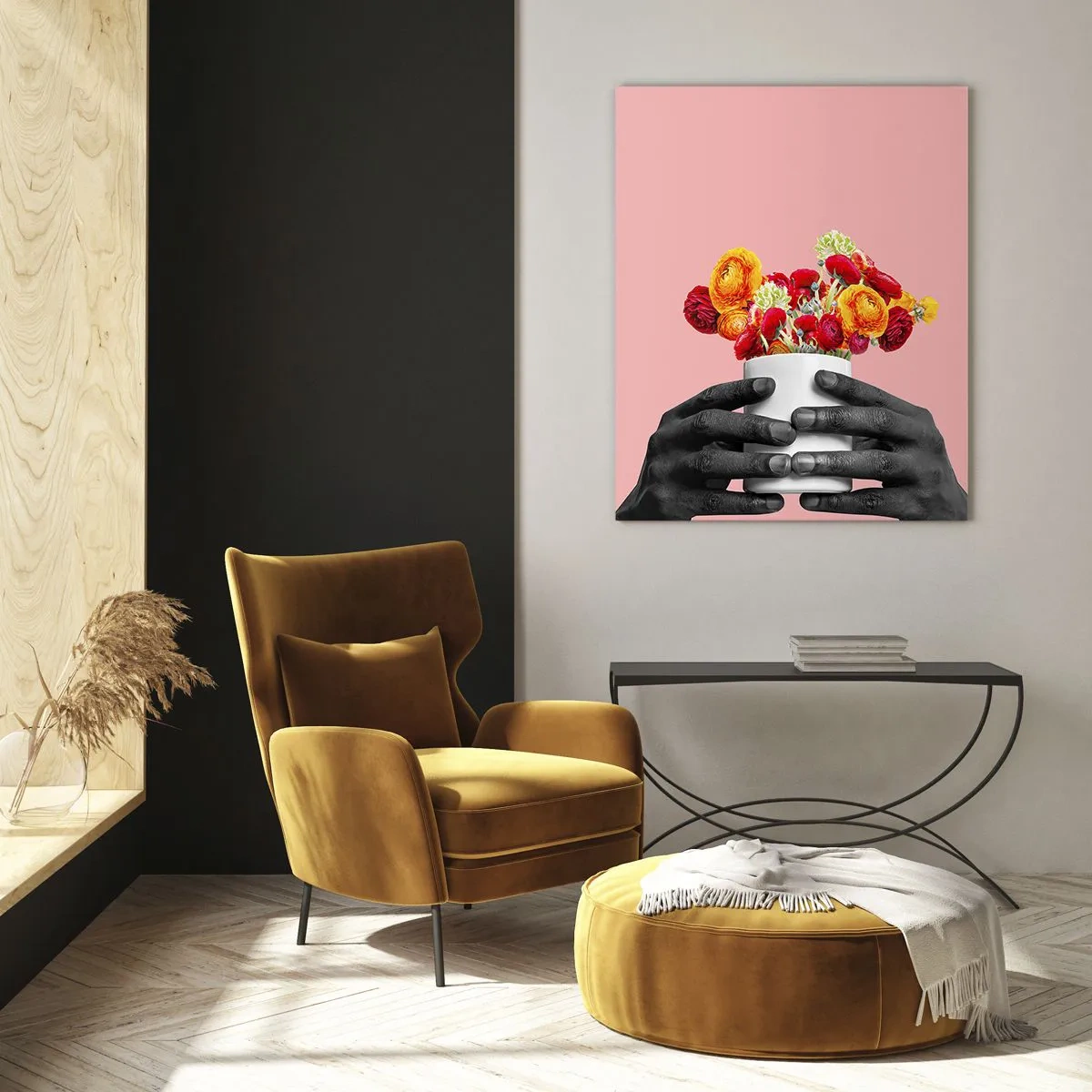 Cuadro sobre vidrio - Impresiones sobre Vidrio - Manos en blanco y negro sosteniendo un ramo de flores de colores. - 50x70cm - La apoteosis de la vida - Decoración de pared moderna para salón y dormitorio ARTTOR