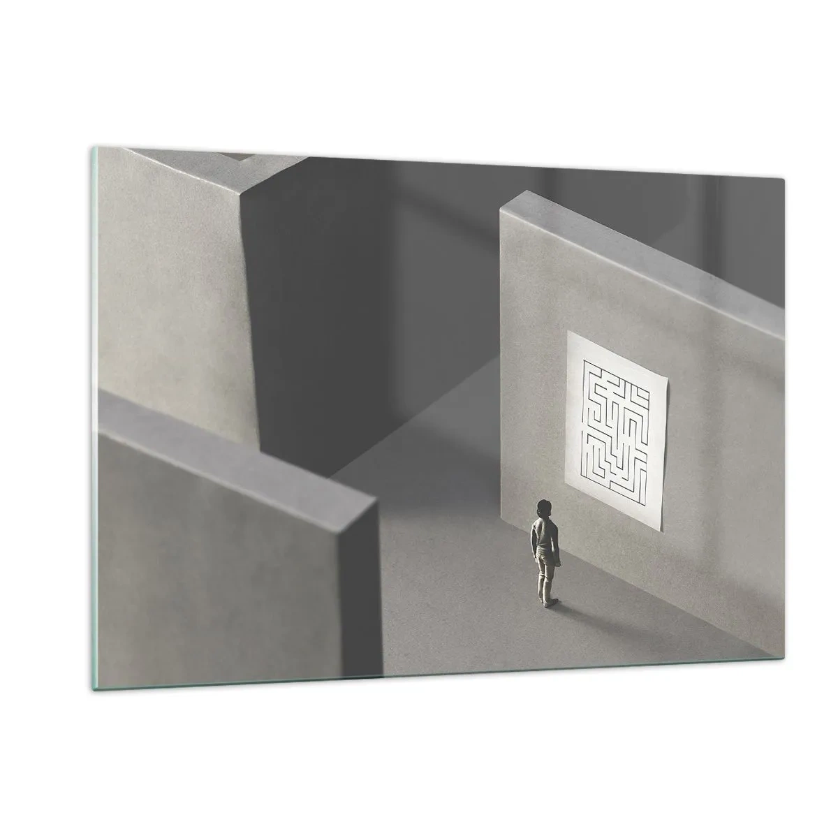 Cuadro sobre vidrio - Impresiones sobre Vidrio - Niño en un laberinto con un símbolo de acertijo - 120x80cm - ¿Pero dónde estoy? - Decoración de pared moderna para salón y dormitorio ARTTOR