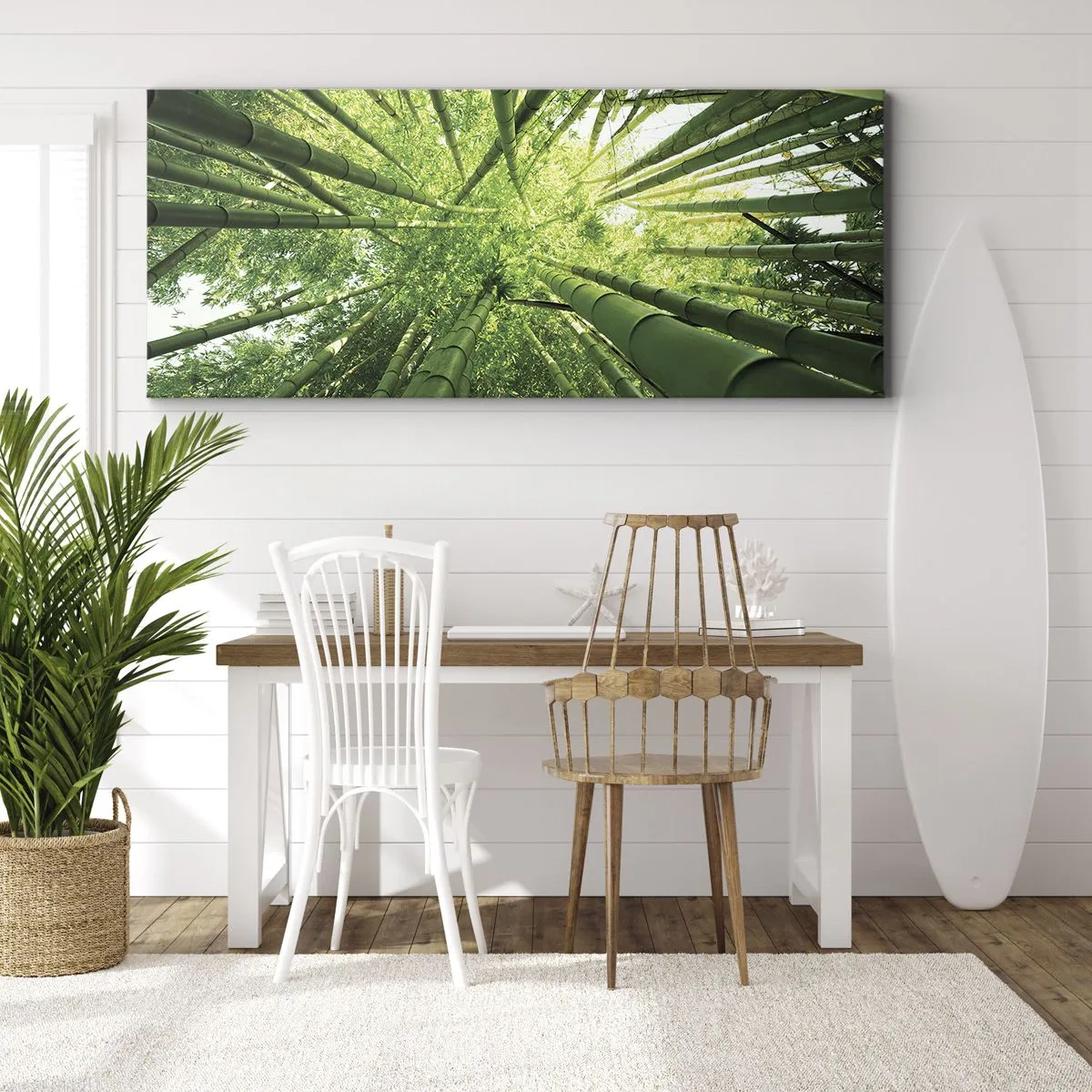 Cuadro sobre lienzo - Impresión de Imagen - Vista hacia arriba a través de un bosque de bambú verde. - 120x50cm - En un bosquecillo de bambú - Decoración de pared moderna para salón y dormitorio ARTTOR