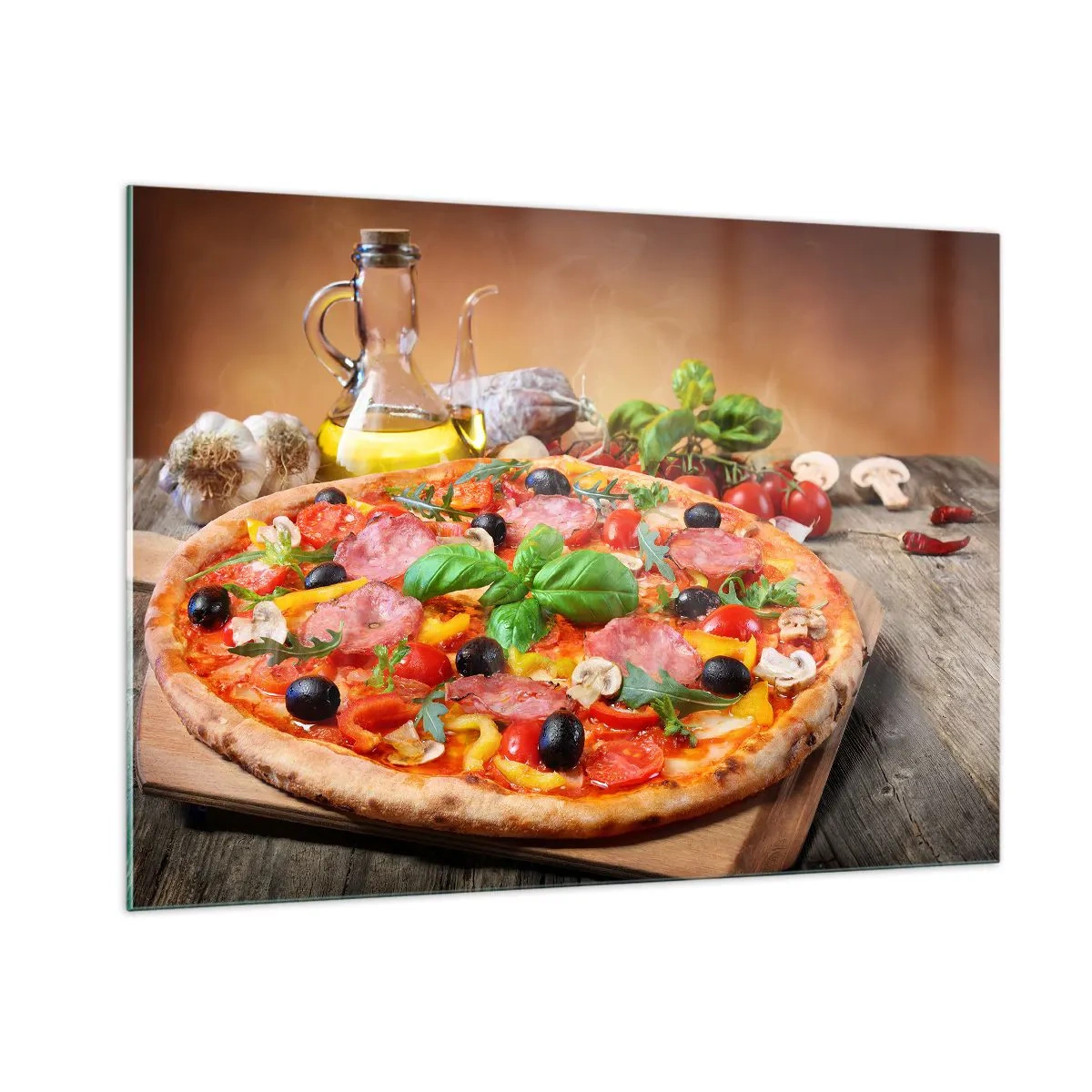 Cuadro sobre vidrio - Impresiones sobre Vidrio - Pizza con ingredientes sobre una mesa de madera con aceite de oliva y especias. - 100x70cm - Con un verdadero sabor italiano - Decoración de pared moderna para salón y dormitorio ARTTOR