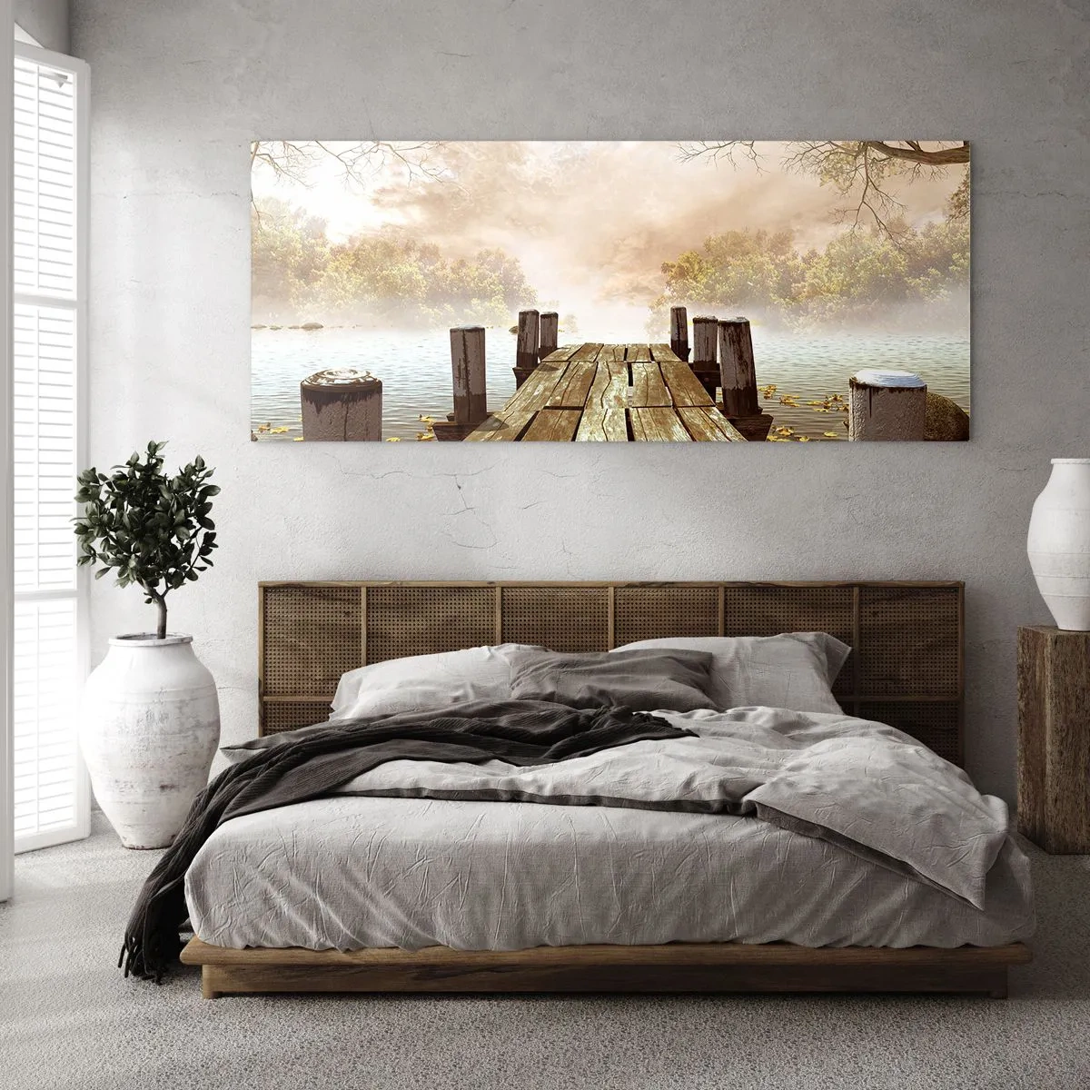 Cuadro sobre vidrio - Impresiones sobre Vidrio - Un muelle de madera que conduce a un lago tranquilo en la niebla de la mañana. - 120x50cm - La leve tristeza del otoño - Decoración de pared moderna para salón y dormitorio ARTTOR