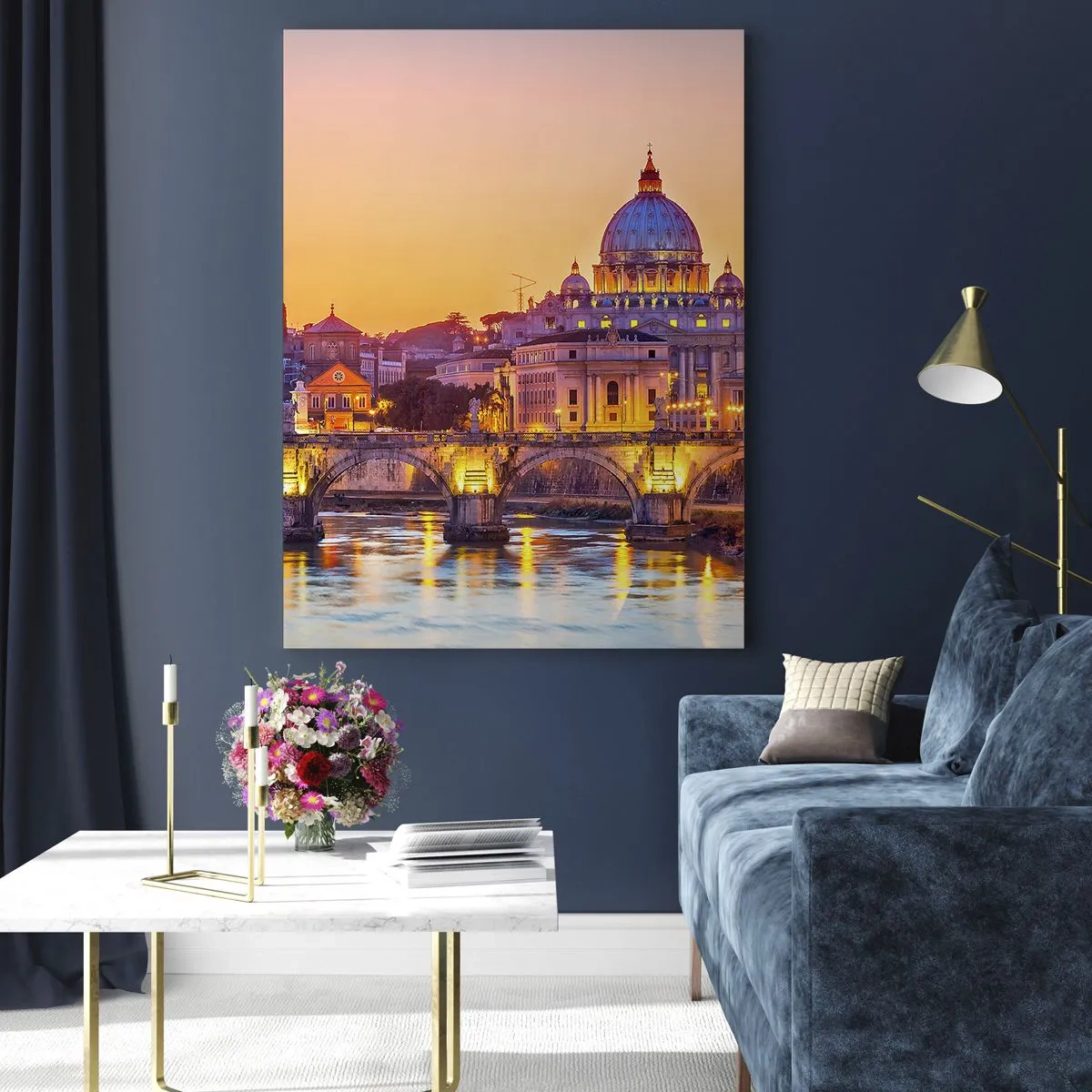 Cuadro sobre vidrio - Impresiones sobre Vidrio - Panorama del Vaticano al atardecer con un puente sobre el río - 80x120cm - Crepúsculo sobre la Ciudad Eterna - Decoración de pared moderna para salón y dormitorio ARTTOR