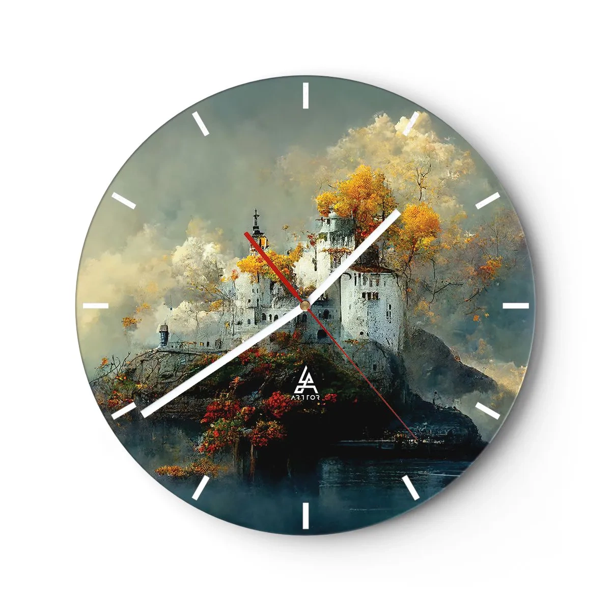 Reloj de pared - Reloj de vidrio - Un castillo de cuento de hadas en una colina rodeado de árboles otoñales. - 30x30cm - El comienzo de una historia romántica - Decoración de pared moderna para salón, cocina y dormitorio ARTTOR