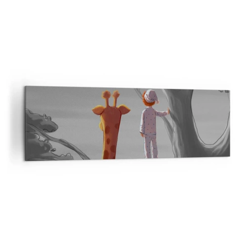 Cuadro sobre lienzo - Impresión de Imagen - Un niño y una jirafa en la rama de un árbol en un paisaje de cuento de hadas. - 160x50cm - ¿Está sucediendo de verdad? - Decoración de pared moderna para salón y dormitorio ARTTOR