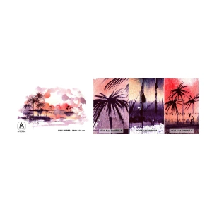 Muestra de fotomural autoadhesivo Deluxe Sticker - La calma de los trópicos en rojo - Paisaje, Palmera de cocos, Gráficos - 100x30 cm