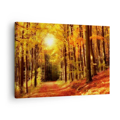 Cuadro sobre lienzo - Impresión de Imagen - Bosque otoñal con rayos de sol brillando a través de los árboles. - 70x50cm - Un otoño dorado en una carretera forestal - Decoración de pared moderna para salón y dormitorio ARTTOR