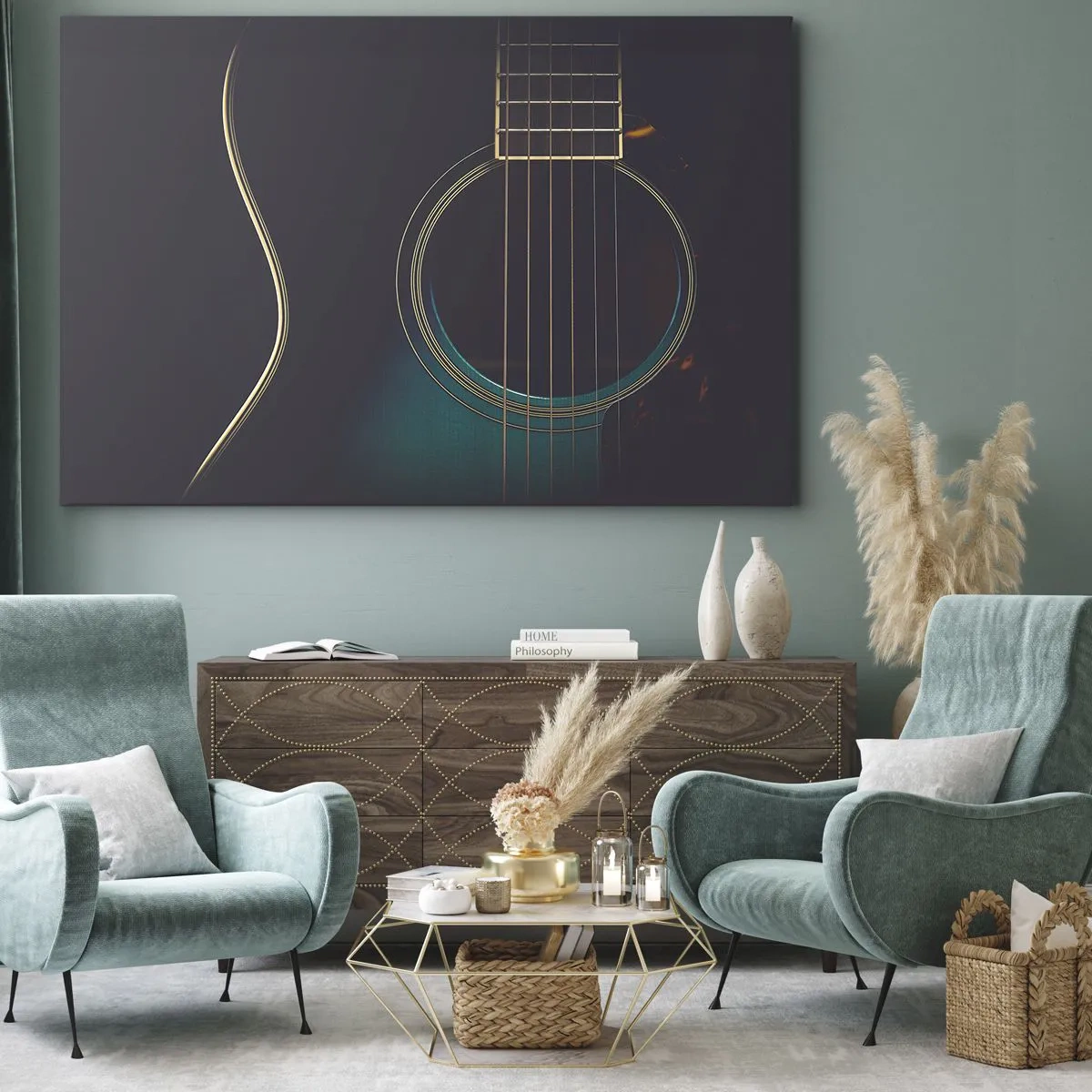 Cuadro sobre lienzo - Impresión de Imagen - Guitarra acústica en luz oscura y elegante. - 70x50cm - Un momento antes de que suene - Decoración de pared moderna para salón y dormitorio ARTTOR